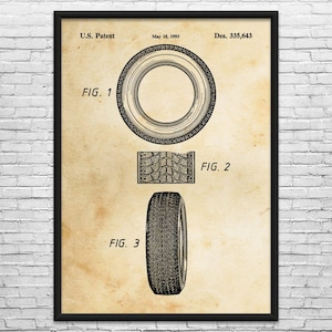 May include: A framed vintage patent print of a tire, dated May 18, 1993. The print features three detailed diagrams: a top view, a cross-section, and a side view of the tire. The text "U.S. Patent" and "Des. 335,643" are visible.