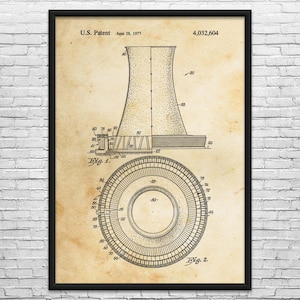 May include: A framed vintage patent print of a cooling tower, dated June 28, 1977. The diagram includes two figures with detailed technical drawings and labels. The print has a sepia tone, with the text "U.S. Patent" and the patent number visible.