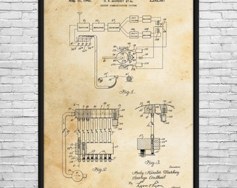 May include: A framed vintage patent print of a secret communication system, dated August 11, 1942. The print features detailed technical diagrams labeled as Fig. 1, Fig. 2, and Fig. 3, with the names Hedy Kiesler Markey and George Antheil as inventors. The background has a sepia tone.