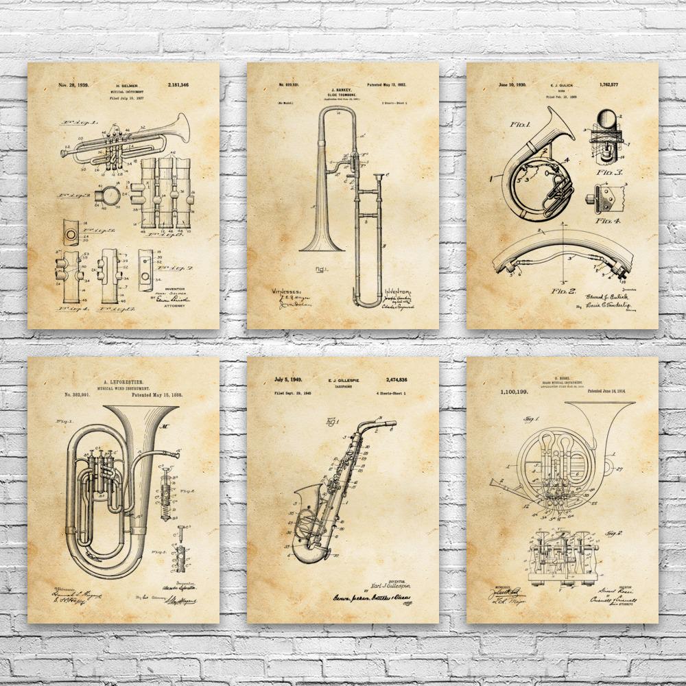 Horn Instruments Patent Wall Art Set of 6 | Poster, Canvas or Framed | Music Wall Art, Teacher Gifts, Trumpet Art, Musician Gifts