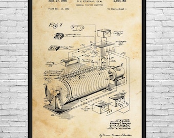 May include: A framed vintage blueprint of a general-purpose computer, dated September 27, 1960. The diagram, labeled Fig. 1, features detailed schematics of the computer's components, including a counter, typewriter, and magnetic drum. The print is on aged paper.