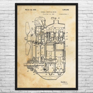 May include: A framed patent print on aged paper featuring a technical diagram of an internal combustion engine. The text reads March 12, 1935, 1,993,992, Internal Combustion Engine, Filed Nov. 21, 1932, 2 Sheets-Sheet 1, Fig. 1, and Attorney.