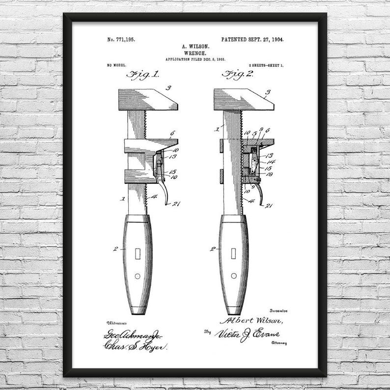 Pipe Wrench Patent Art Print: Plumbing Art, Pipe Fitter Black & White