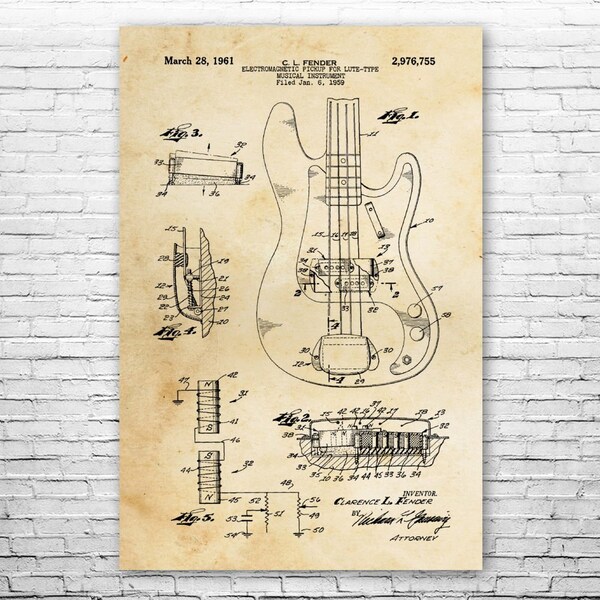 Bass Guitar Patent Print Poster, Guitar Wall Art, Man Cave Decor, Bass Player Gifts, Music Decor, Teacher Gifts, Classroom Decor