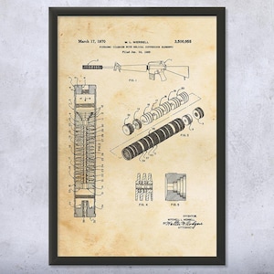 Rifle Silencer Patent Wall Art | Poster, Canvas or Framed | M16 Rifle, Silencer Blueprint, Soldier Gift, Military Wall Art, Marine Gift