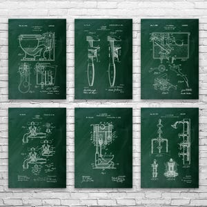 Plumbing Patent Wall Art Set of 6: Contractor Gift, Restroom Wall Art Green Chalkboard