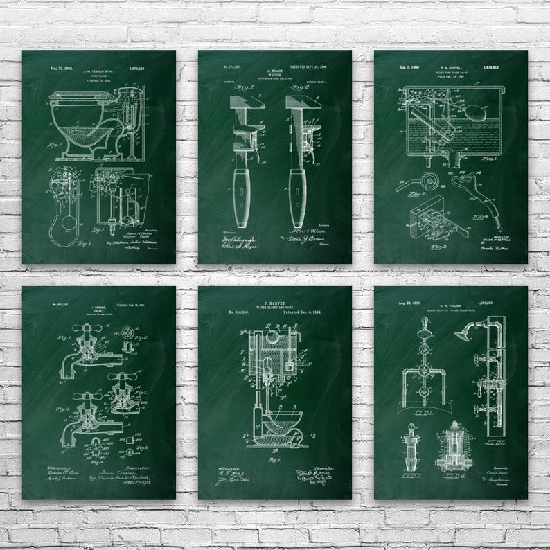 Plumbing Patent Wall Art Set of 6: Contractor Gift, Restroom Wall Art Green Chalkboard