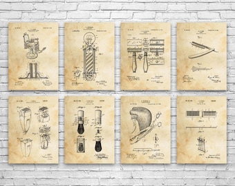 May include: Set of eight vintage-style prints featuring barber shop tools and equipment. Each print showcases detailed illustrations of items like a barber chair, straight razor, and clippers, rendered in a sepia tone on a parchment-like background.