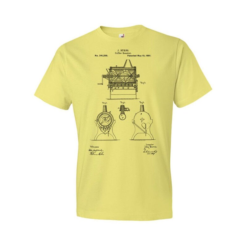Burns Coffee Roaster Patent T-Shirt: Barista Gift, Coffee Apparel Spring Yellow