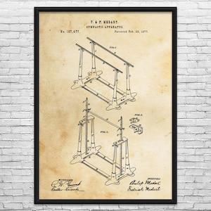 May include: A framed vintage print of a gymnastic apparatus patent from 1877. The black and white technical drawing shows parallel bars and other related components. The print includes the inventors' names, patent information, and the title "GYMNASTIC APPARATUS."