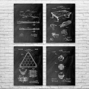 Pool Patent Wall Art Set of 4 | Poster, Canvas or Framed | Billiards Art, Pool Player Gifts, Garage Decor, Dad Gifts, Billiard Room Decor