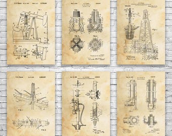 Oil Well Patent Wall Art Set of 6 | Poster, Canvas or Framed | Energy Contractor, Roughneck Gift, Oil Industry Art, Oil Rig Blueprint