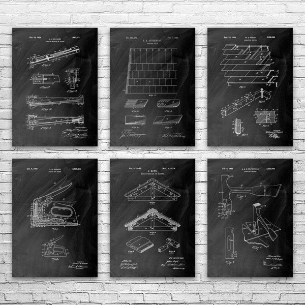 Roofing Patent Posters Set of 6, Roofer Gifts, Industrial Art, Contractor Gifts, Construction Worker, Roofing Art, Foreman Gift, Wall Art