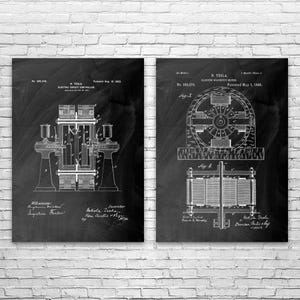 May include: Two framed patent prints on a dark background, featuring detailed technical drawings. The left print shows an electric circuit controller, and the right print depicts an electro magnetic motor. Both are in black and white.