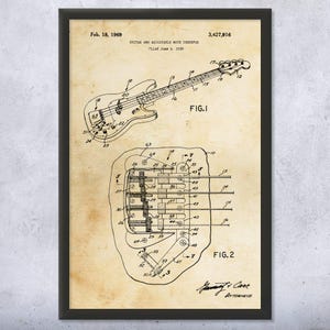 1969 Bass Guitar Patent Wall Art | Poster, Canvas or Framed | Gifts For Men, Guitar Art, Guitar Player Gifts, Music Wall Art, Teacher Gifts