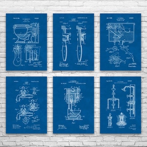 Plumbing Patent Wall Art Set of 6: Contractor Gift, Restroom Wall Art Blueprint