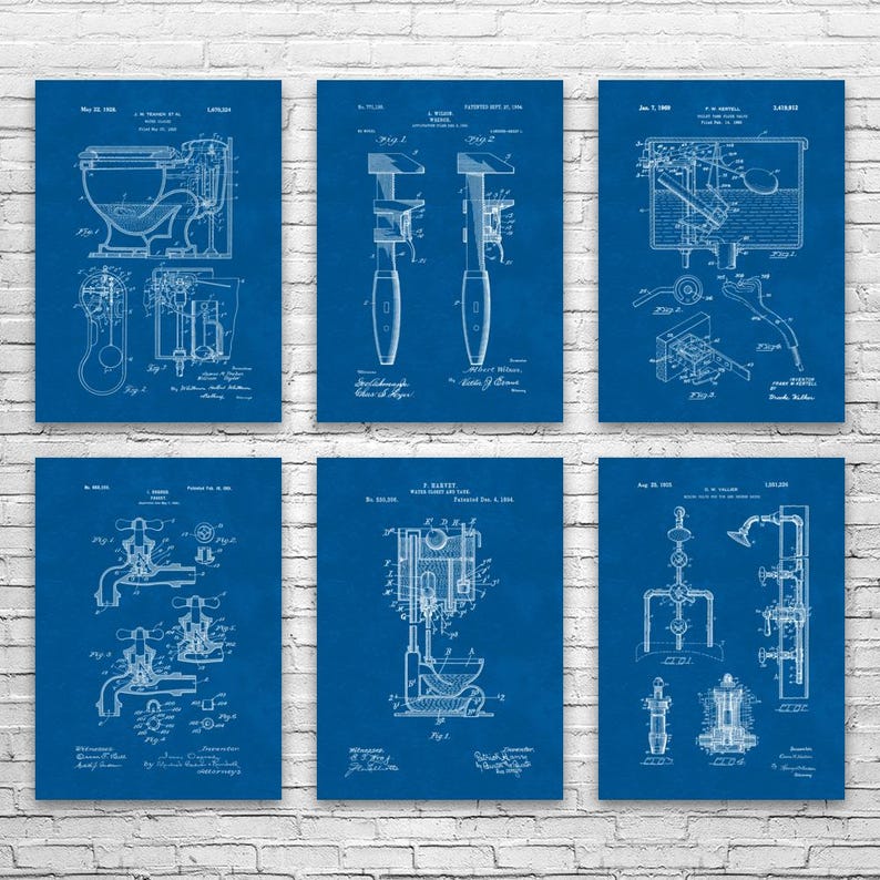 Plumbing Patent Wall Art Set of 6: Contractor Gift, Restroom Wall Art Blueprint