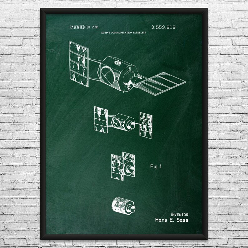 Satellite Patent Art Print: Telecom Gift, Space Lover Green Chalkboard