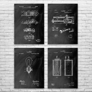 Thomas Edison Patent Wall Art Set of 4 | Poster, Canvas or Framed | Edison Wall Art, Engineer Gift, Battery Wall Art, Battery Design