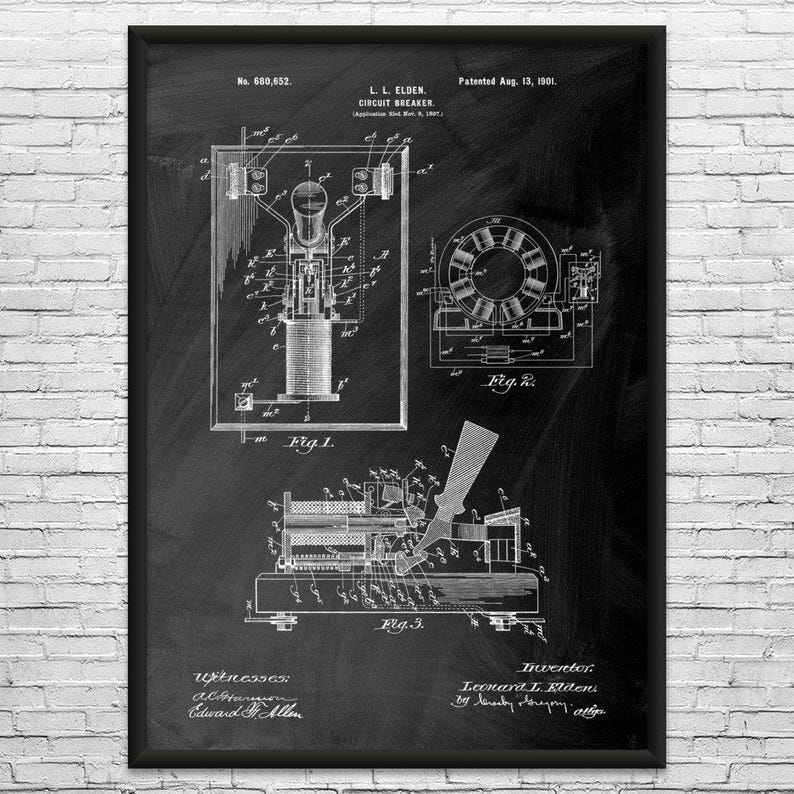 Circuit Breaker Patent Art Print: Electrician Gift, Science Decor Black Chalkboard