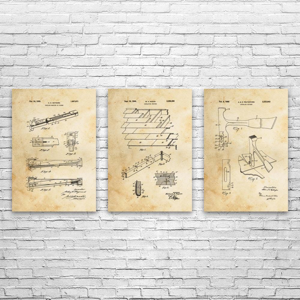 Juego de 3 piezas de arte mural con patente de techado, póster, lienzo o marco, obsequios para techadores, arte industrial, obsequios para contratistas, trabajadores de la construcción