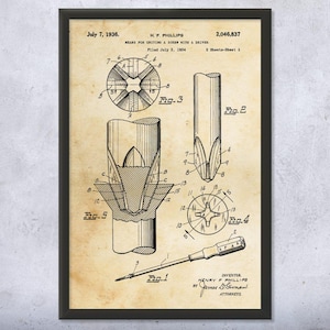 Phillips Head Screwdriver Patent Wall Art | Poster, Canvas or Framed | Woodworking Art, Handyman Gift, Mechanic Gift, Shop Class Art