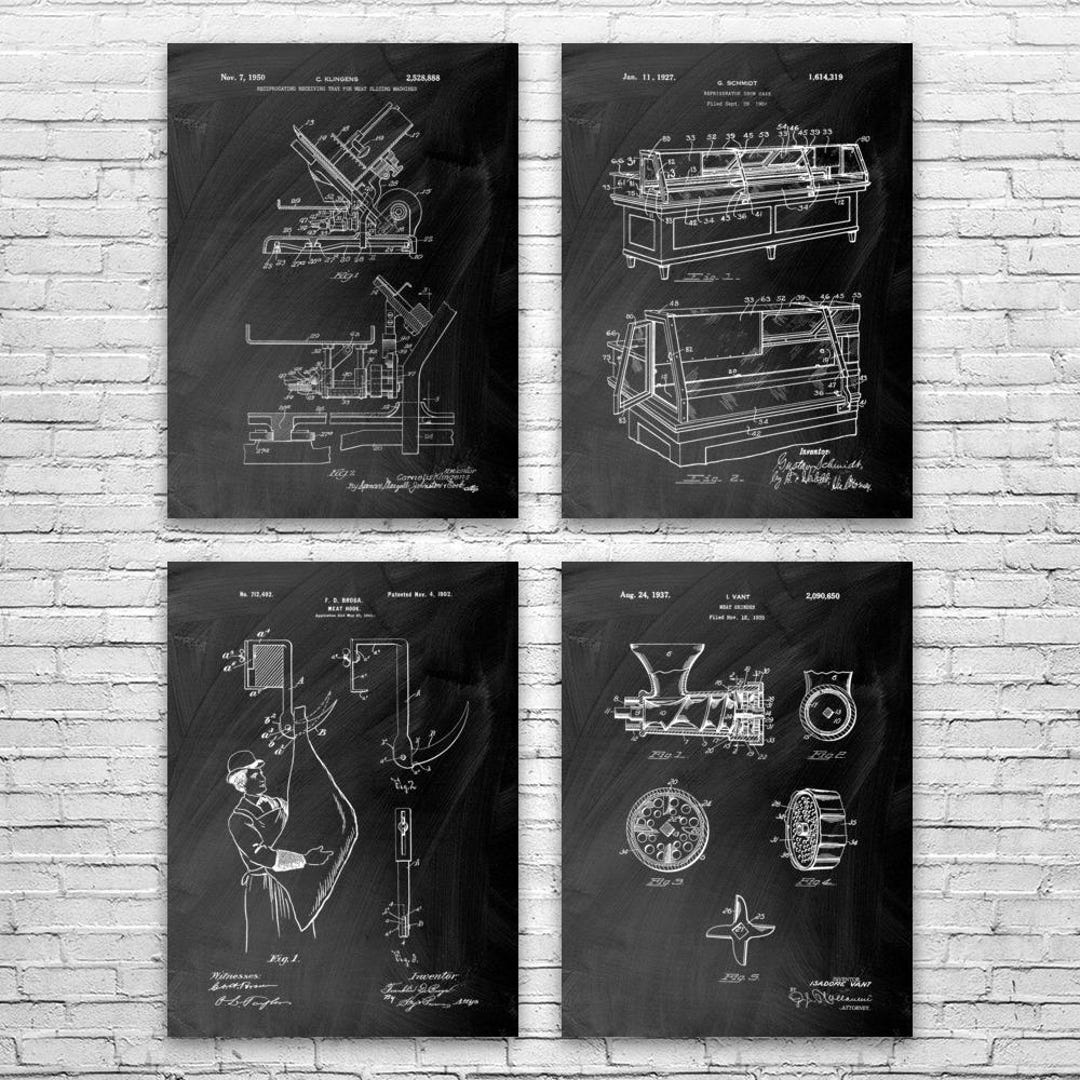 Butcher Patent Wall Art Set of 4 | Poster, Canvas or Framed | Culinary ...