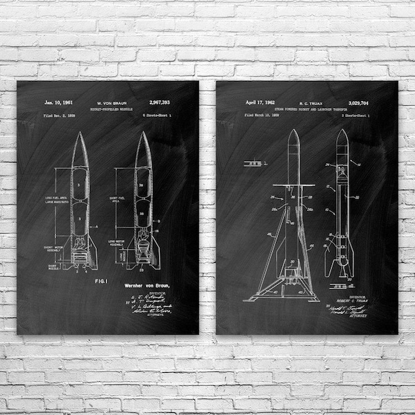Rocket Patent Prints Set of 2, V2 Rocket Blueprint, Engineer Gift, JPL Decor, NASA Wall Art, Military Decor, Rocket Science Art
