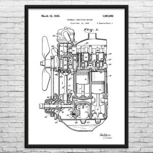 May include: Black and white framed print of an internal combustion engine diagram, dated March 12, 1935. The detailed technical illustration includes labeled parts and the patent number 1,993,992. The diagram is labeled "Fig. 1."