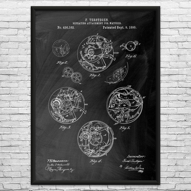 Watch Repeating Mechanism Patent Art Print: Watchmaker Gift, Jewelry Store Art Black Chalkboard