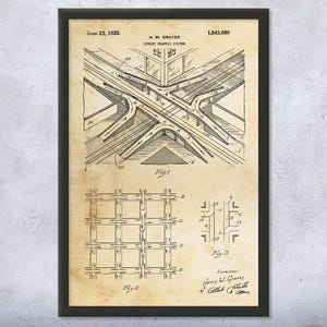 Street Traffic Interchange Patent Wall Art | Poster, Canvas or Framed | Civil Engineer, Road Blueprint, Office Wall Art, Structural Engineer