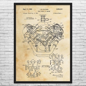 May include: Framed vintage blueprint of a High Torque V-8 Engine, dated September 11, 1962. The black and white technical drawing includes detailed schematics and text, with the inventor's name and patent information. The print is in a black frame.