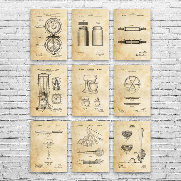 Kitchen Patent Posters Set of 9, Restaurant Art, Baker Gift, Bakery Wall Art, Culinary Gifts, Kitchen Decor, Cooking Gift, Diner Wall Art
