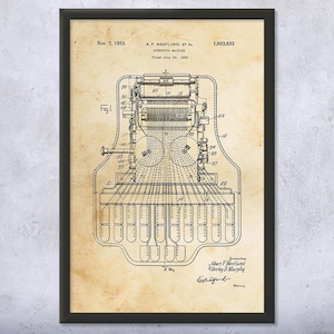 May include: A black and white line drawing of a Stenotype machine patent, dated November 7, 1933. The patent is titled "Stenotype Machine" and was filed on July 24, 1900. The patent number is 1,933,833. The drawing shows a detailed view of the machine's internal workings.
