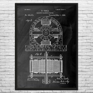 Nikola Tesla Electromagnetic Motor Patent Art Print: Nikola Tesla Art, Technology Gift Black Chalkboard
