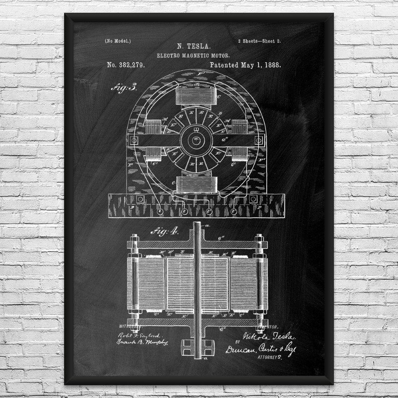 Nikola Tesla Electromagnetic Motor Patent Art Print: Nikola Tesla Art, Technology Gift Black Chalkboard