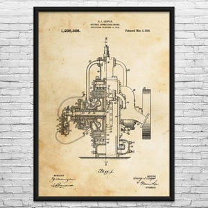 May include: Framed vintage blueprint of an internal combustion engine, featuring detailed mechanical diagrams and text. The print, with the text "G. J. Cooper, Internal Combustion Engine," is set against a beige background and framed in black.