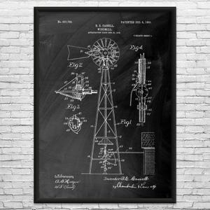 Lámina artística con patente de molino de viento: Regalo para agricultores, Arte para parques eólicos Black Chalkboard