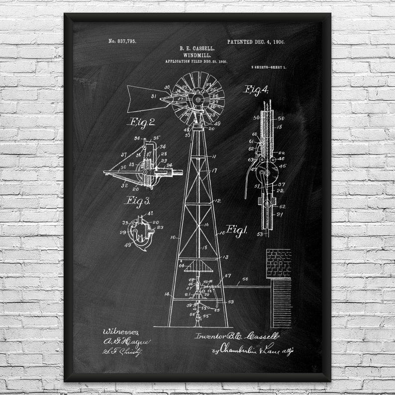 Lámina artística con patente de molino de viento: Regalo para agricultores, Arte para parques eólicos Black Chalkboard
