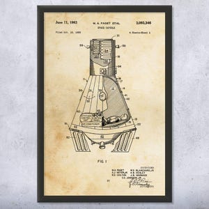 Mercury Space Capsule Patent Wall Art | Poster, Canvas or Framed | NASA Wall Art, Astronaut Gift, Engineer Gift, Astrophysics Student