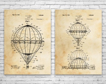 Hot Air Balloon Patent Prints Set of 2, Aviation Gift, Balloonist, Pilot Gift, Flight School Art, Flight Teacher Gift, Balloon Blueprint