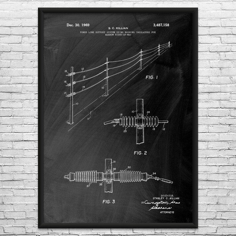 Power Lines Patent Art Print: Journeyman Gift, Powerline Tech Black Chalkboard