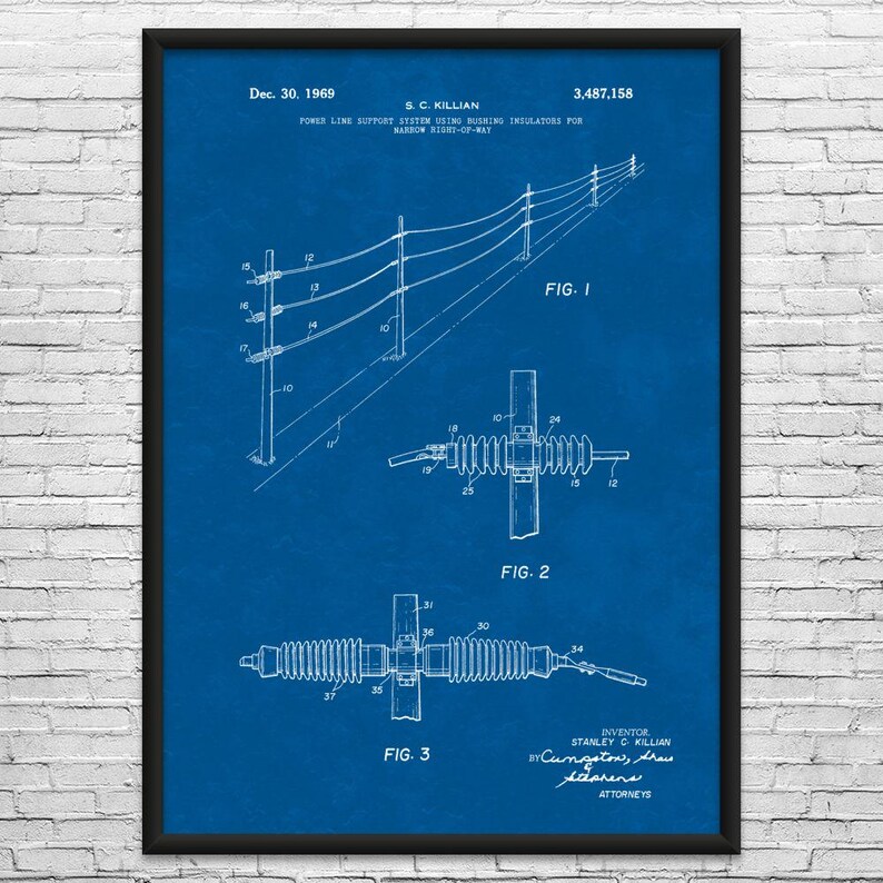 Power Lines Patent Art Print: Journeyman Gift, Powerline Tech Blueprint