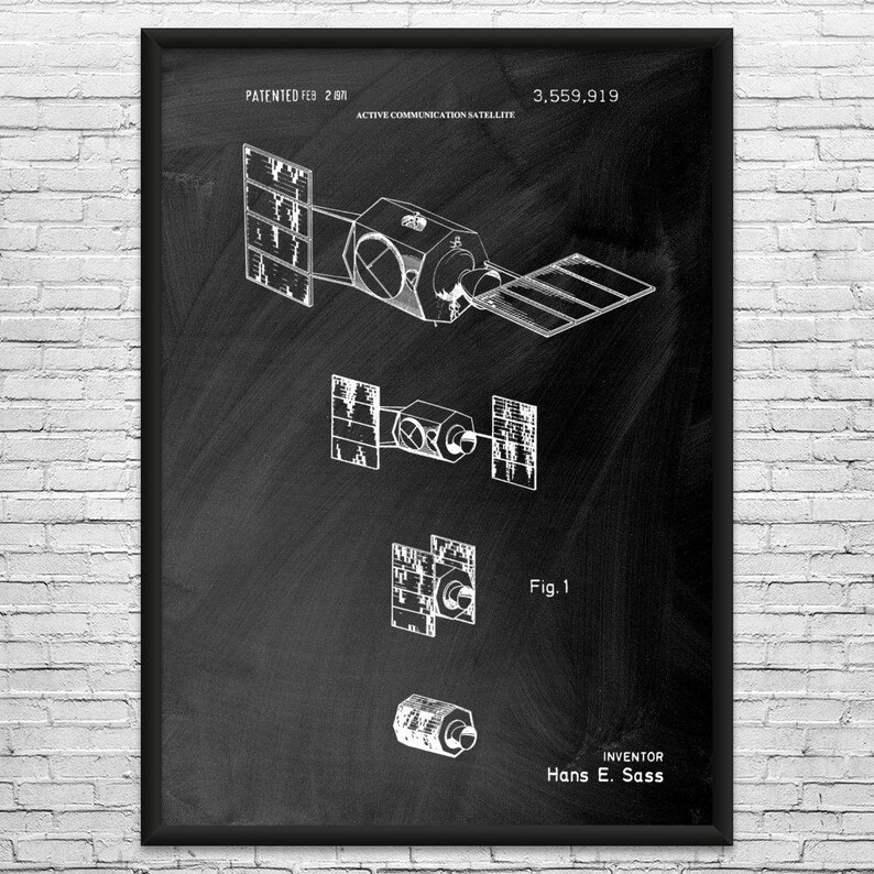 Satellite Patent Art Print: Telecom Gift, Space Lover Black Chalkboard