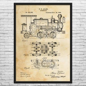 May include: Framed vintage print of a locomotive patent illustration. The sepia-toned print features detailed technical drawings of the train, including side and top views, with the text "H.K. Adams Locomotive" and patent information.