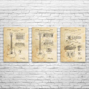 Electric Guitar Patent Wall Art Set of 3 | Poster, Canvas or Framed | Gifts For Men, Guitar Art, Guitar Player Gifts, Music Wall Art