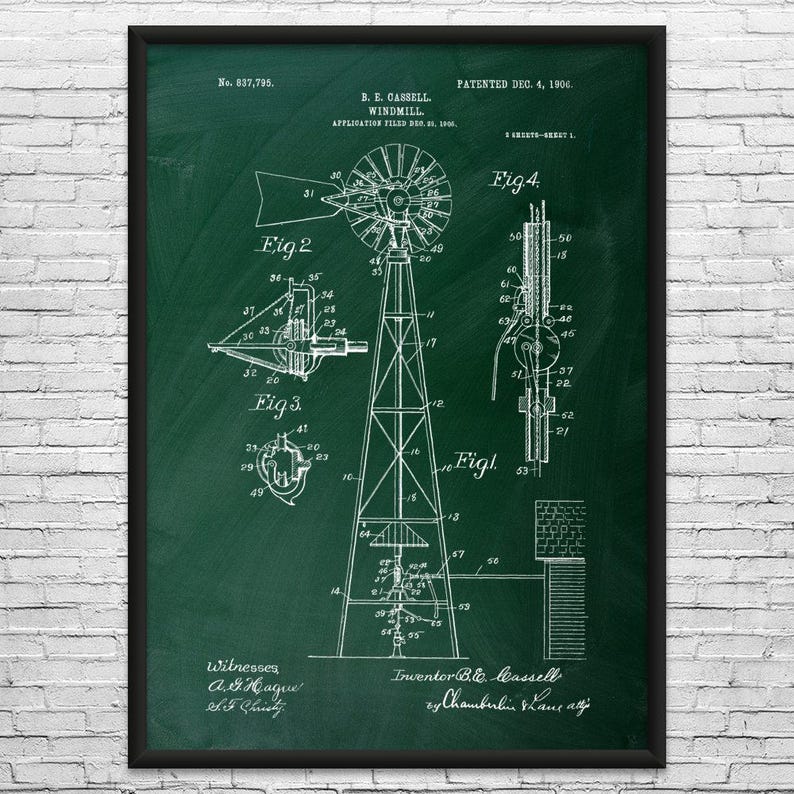 Lámina artística con patente de molino de viento: Regalo para agricultores, Arte para parques eólicos Green Chalkboard