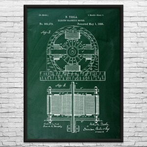 Nikola Tesla Electromagnetic Motor Patent Art Print: Nikola Tesla Art, Technology Gift Green Chalkboard