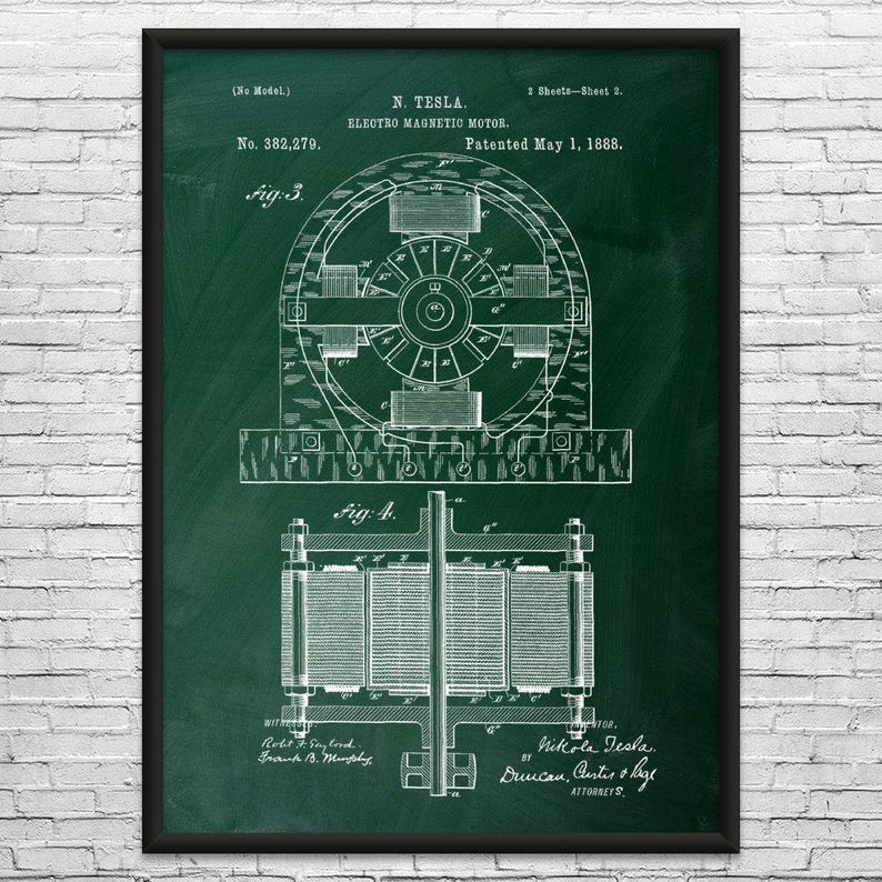 Nikola Tesla Electromagnetic Motor Patent Art Print: Nikola Tesla Art, Technology Gift Green Chalkboard