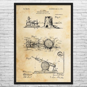 May include: Framed vintage patent print of an endless chain saw, dated January 17, 1905. The sepia-toned print features detailed technical drawings of the saw's mechanism, including diagrams labeled Fig. 6, Fig. 7, and Fig. 8. The print is in a black frame.